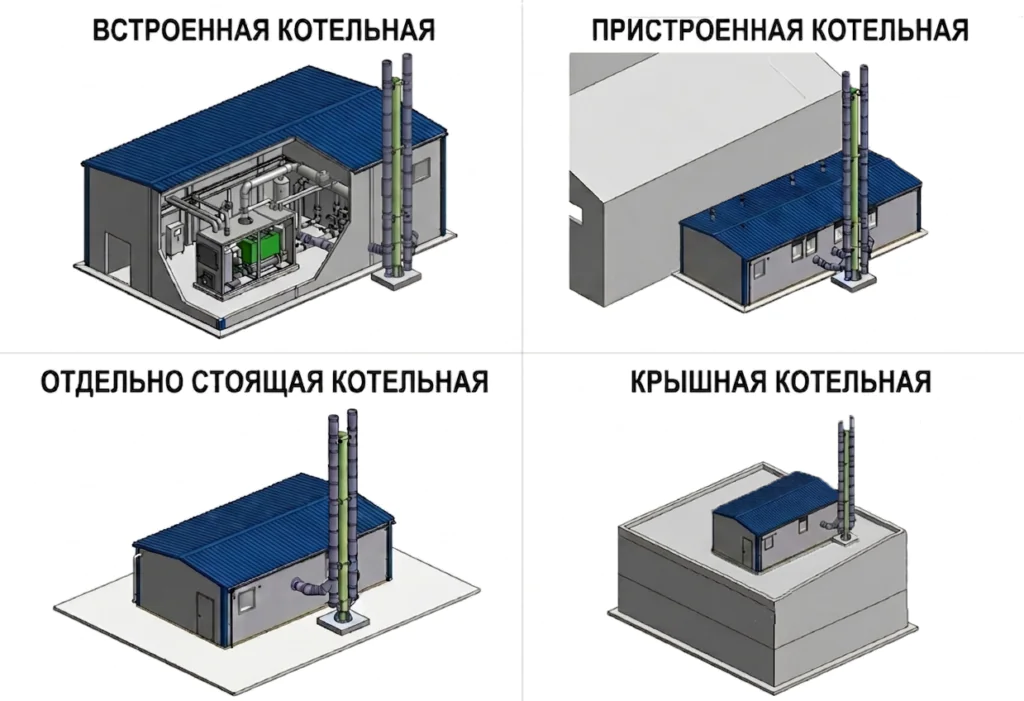 Встроенные котельные; Пристроенные котельные; Отдельно стоящие котельные; Крышные котельные.